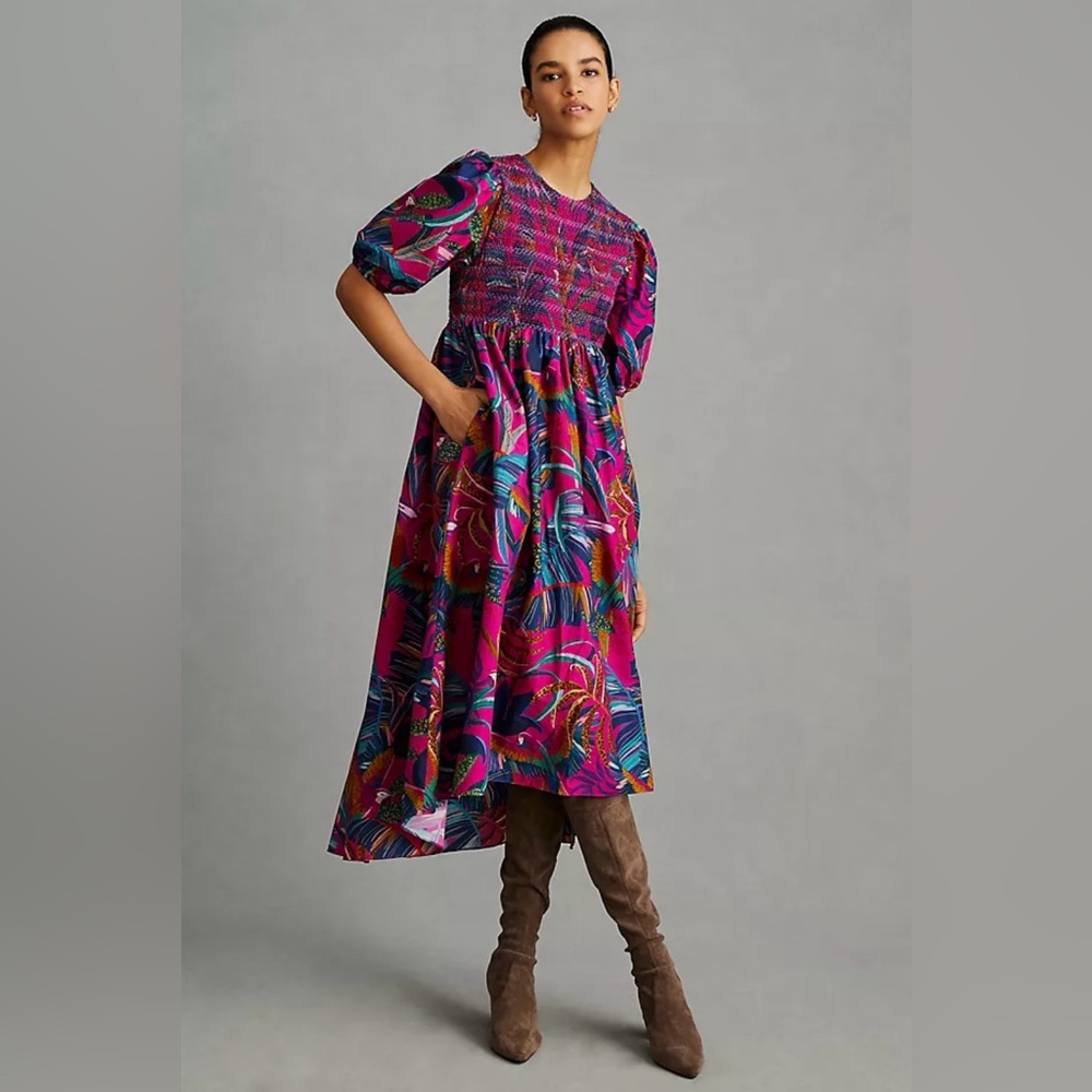 Farm Rio NWT Rainbow Macaws Purple Puff Sleeve Smocked Midi Dress Women's SZ XS